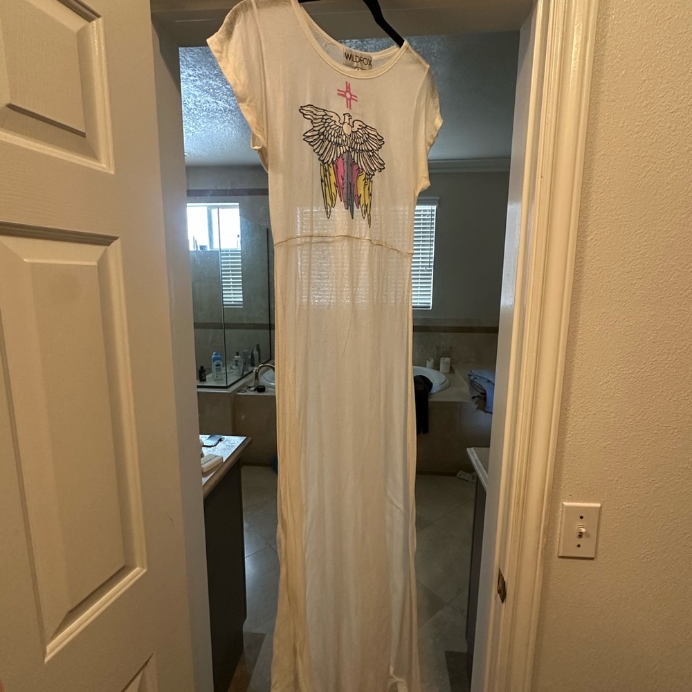 White Maxi Dress with Colorful Wing Graphic
